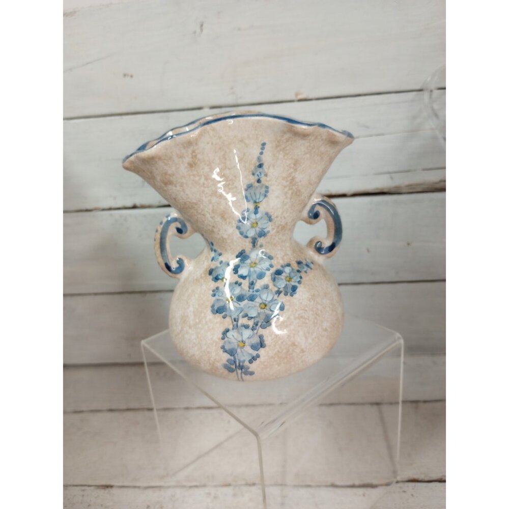 Vintage Hand Painted Floral Double Handle Vase Scalloped Rim Pottery Cottagecore